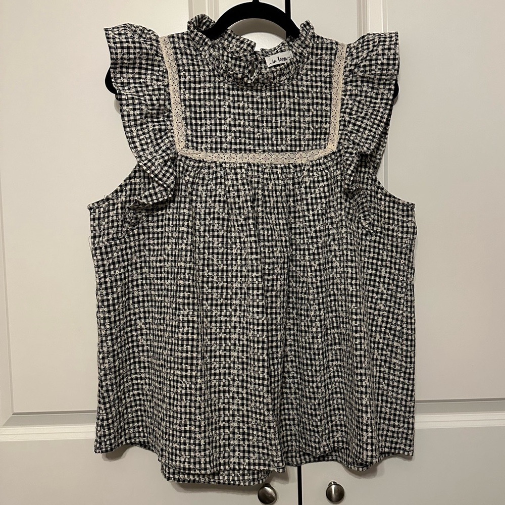 Gingham Eyelet Ruffle Sleeve Blouse